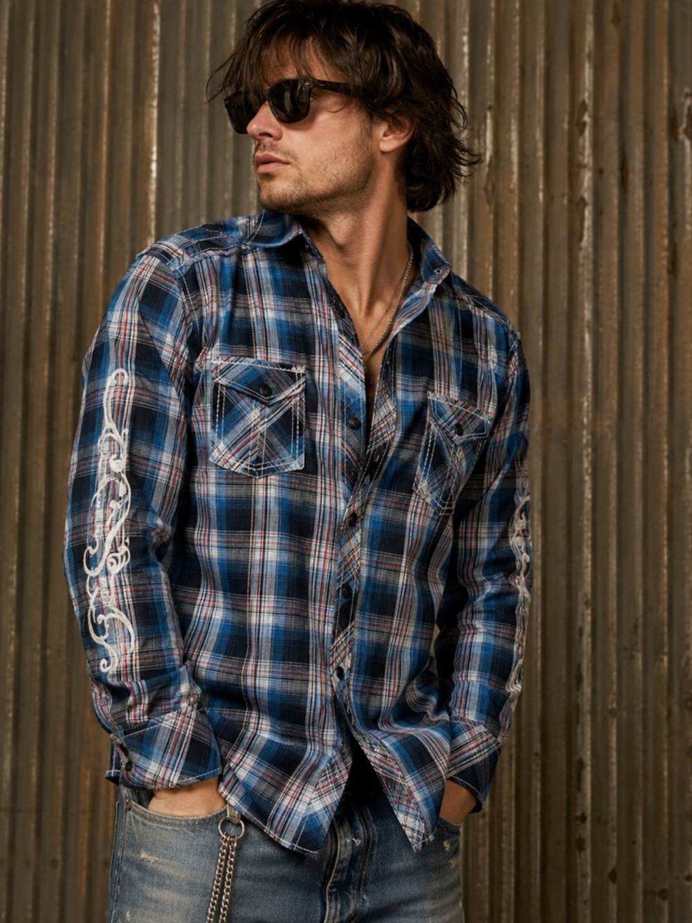 Buckle Black Label Men’s Plaid Western Shirt Sz L Blue Embroidered Snaps Y2K
